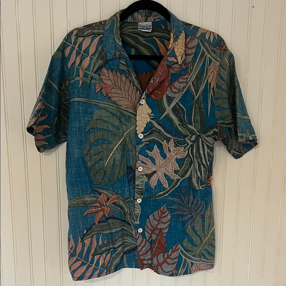 Vintage Men's Leaf Print Casual Shirt - Blue and Green